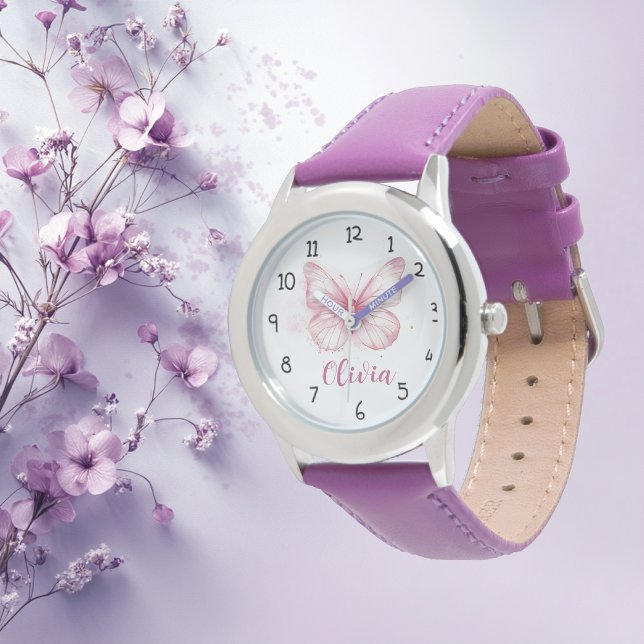 Cute Pink Butterfly Girls Personalised Watch (Creator Uploaded)