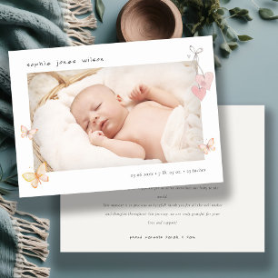 Cute Pink Butterfly Heart Photo Birth Announcement