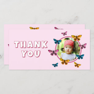 Cute Pink Butterfly Pattern Birthday Photo Thank You Card