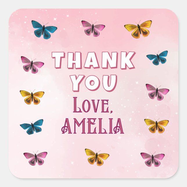 Cute Pink Butterfly Pattern Thank you Birthday Square Sticker (Front)