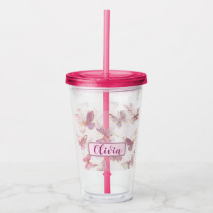 Cute Pink Butterfly Personalised Acrylic Tumbler