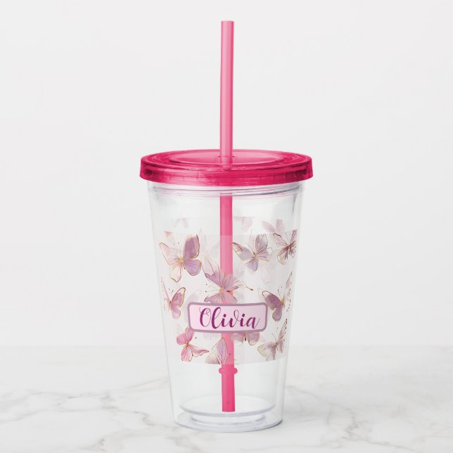 Cute Pink Butterfly Personalised Acrylic Tumbler (Front)