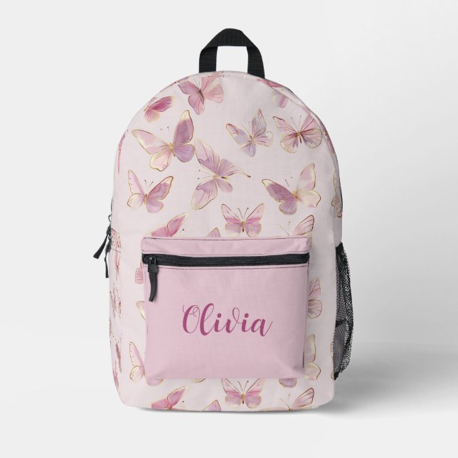 Cute Pink Butterfly Personalised Name Backpack (Front)