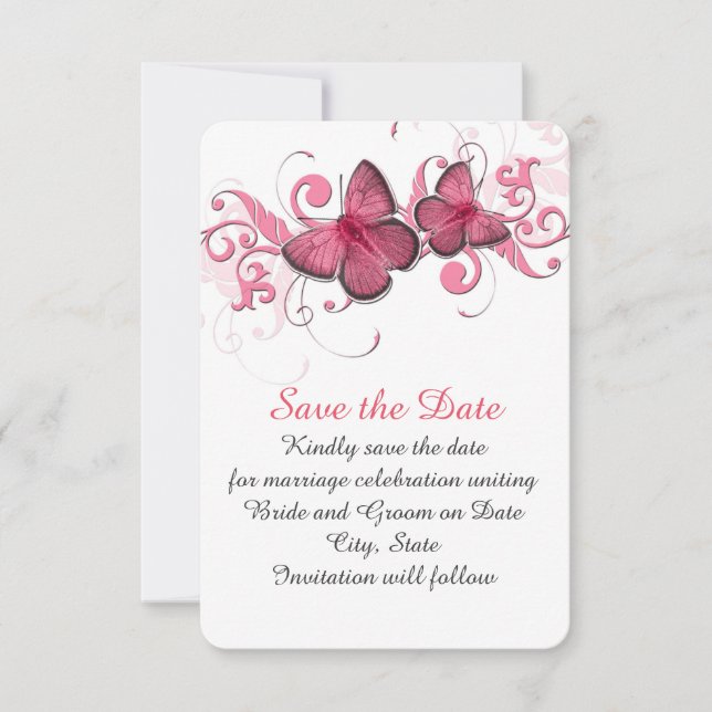 Cute Pink Butterfly Swirls Save the date (Front)