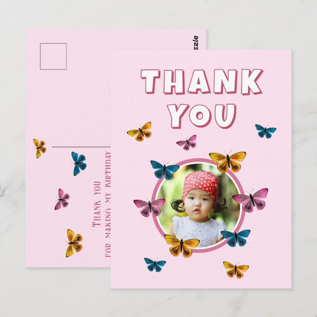 Cute Pink Butterfly Thank you Birthday Photo Postcard (Front/Back)