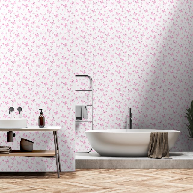 Cute Pink Butterfly Watercolor peel and stick Wallpaper (Bathroom)
