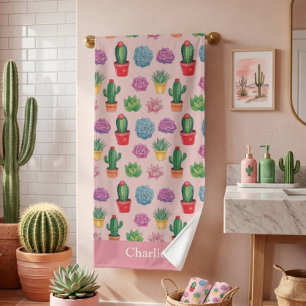 Cute Pink Cactus Bath Towel
