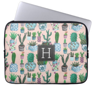 Cute pink cactus succulent monogram pattern laptop sleeve