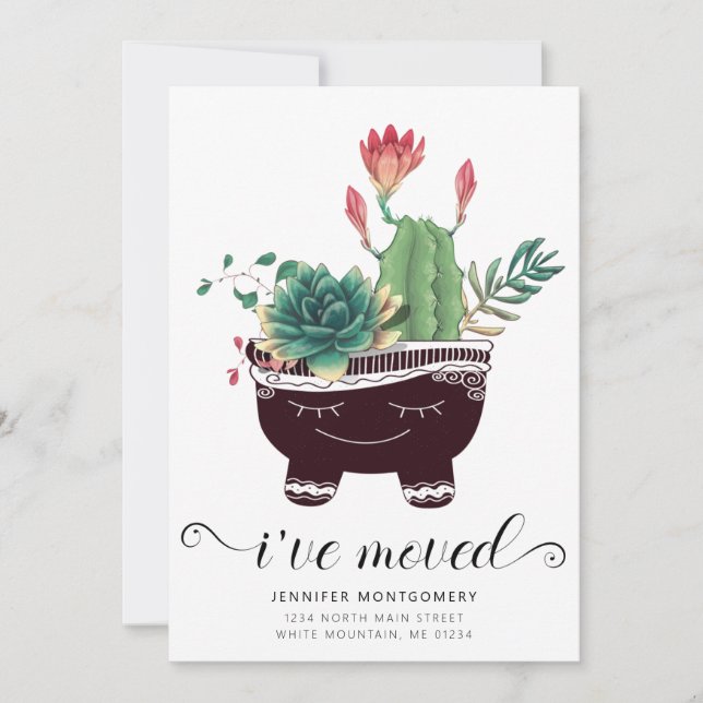 Cute Pink Cactus Succulents Whimsical Pot Moving Announcement (Front)