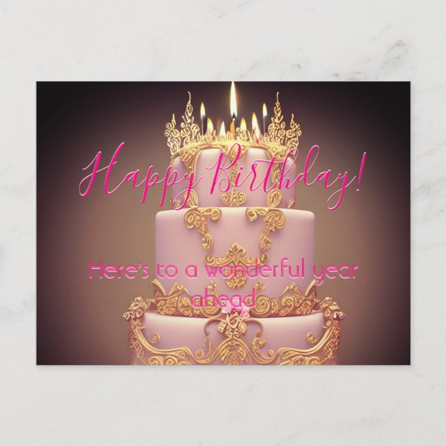 Cute Pink Cake Happy Birthday Wishes Postcard (Front)