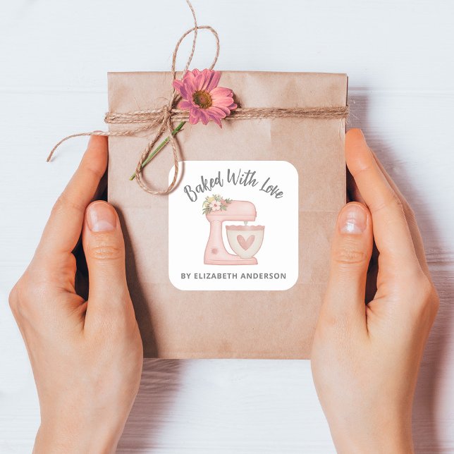 Cute Pink Cake Mixer Bakery Business Square Sticker (A cute pink mixer bakery business sticker. Personalize it with your name.)