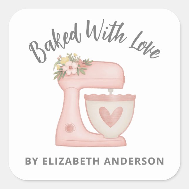Cute Pink Cake Mixer Bakery Business Square Sticker (Front)