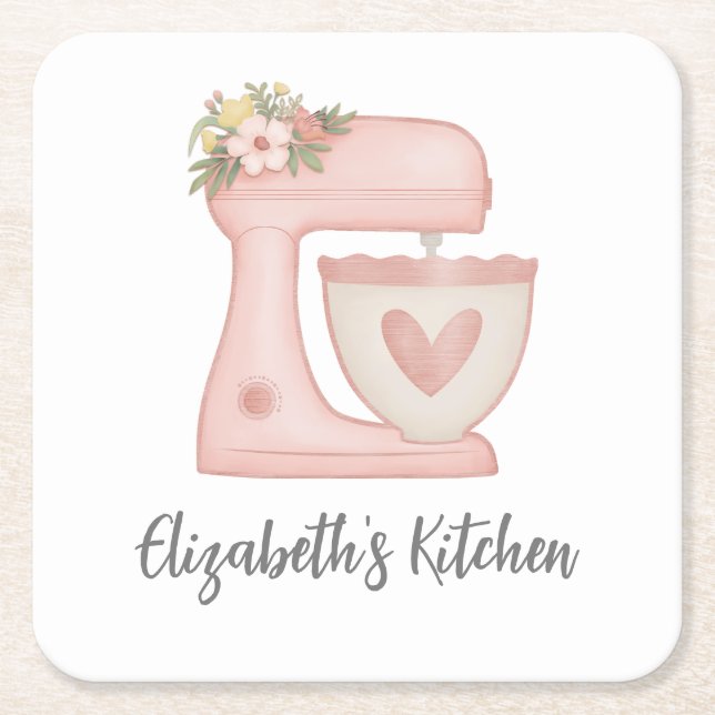Cute Pink Cake Mixer Kitchen Square Paper Coaster (Front)