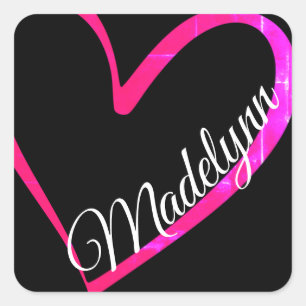 Cute Pink Calligraphy Heart on Black Custom Name Square Sticker