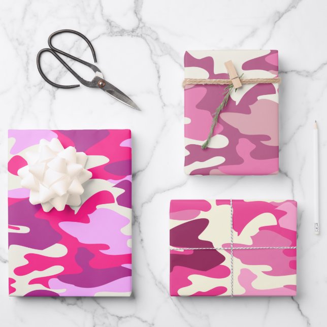 Cute Pink Camouflage Trendy Camo Pattern 3 Gifts Wrapping Paper Sheet (Front)