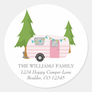 Cute Pink Camper Outdoor Lovers Return Address Classic Round Sticker