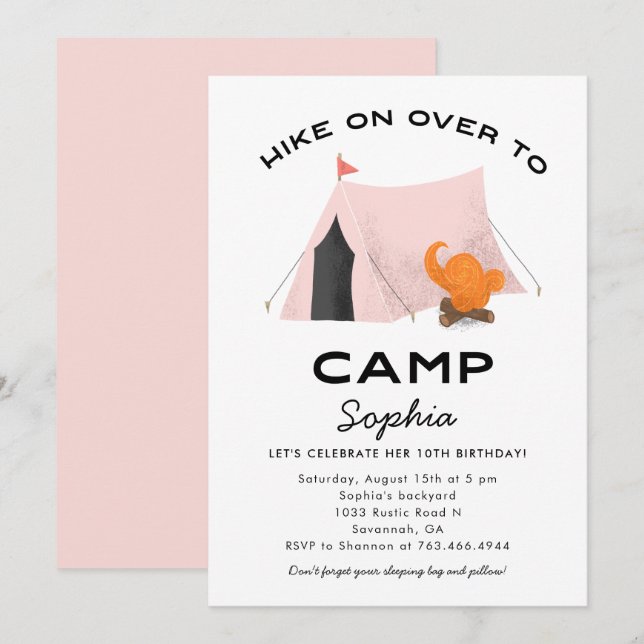 Cute Pink Camping Birthday Party Invitation (Front/Back)