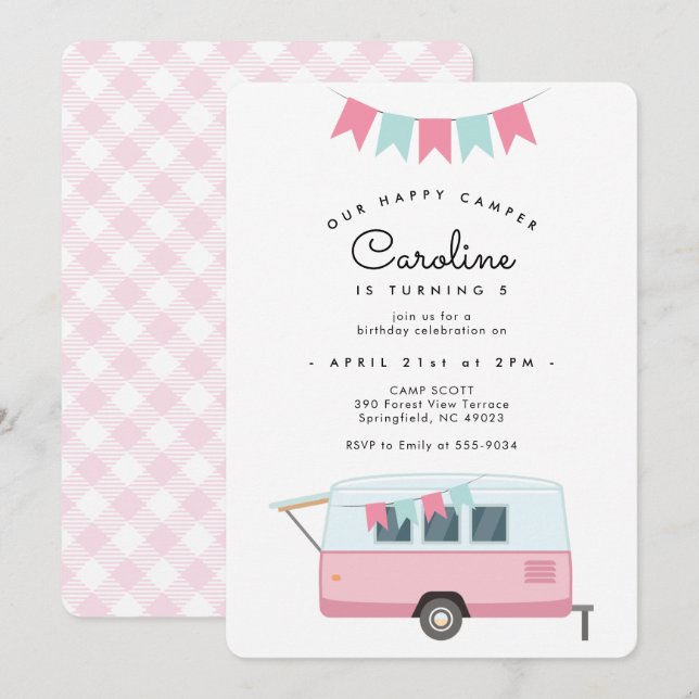 Cute Pink Camping Happy Camper Birthday Invitation (Front/Back)