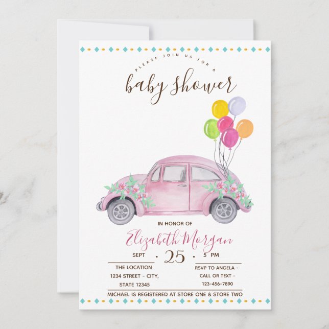 Cute Pink Car,Balloons Zigzag Baby Shower Invitation (Front)