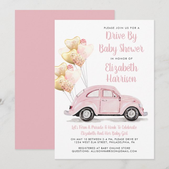 Cute Pink Car Drive By Baby Shower Invitation (Front/Back)