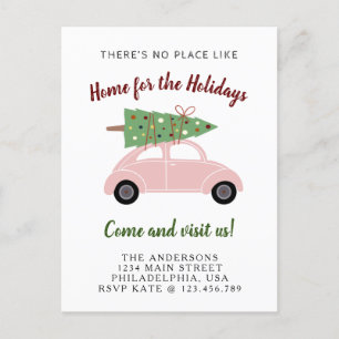 Cute Pink Car with Christmas Tree Holiday Moving Announcement Postcard