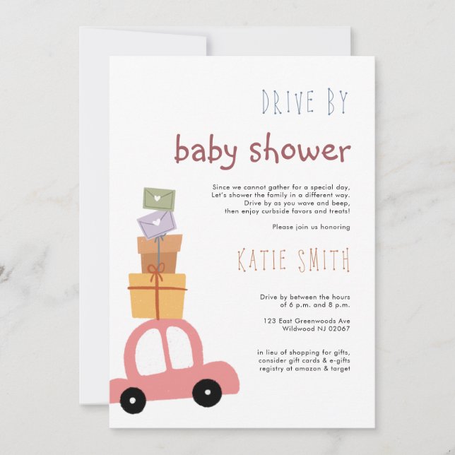 Cute Pink Car with Gifts Drive by Baby Shower Invitation (Front)