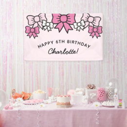 Cute Pink Cartoon Bows Birthday Party Banner
