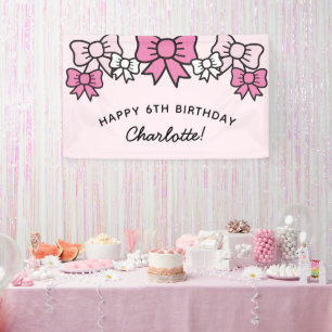 Cute Pink Cartoon Bows Birthday Party Banner