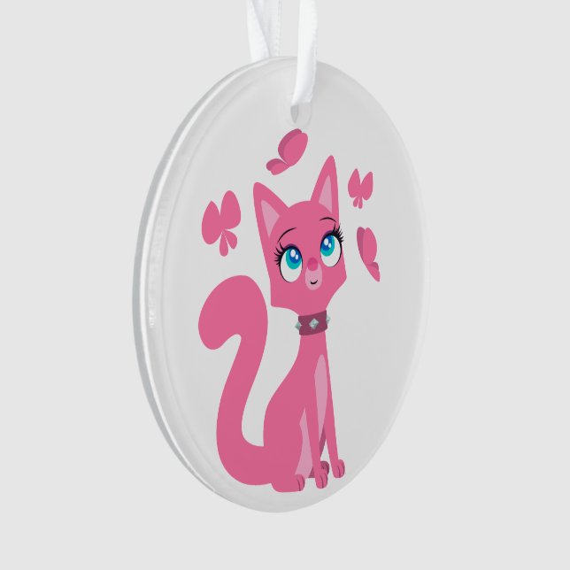 Cute Pink Cartoon Cat and Butterflies Ornament (Front)