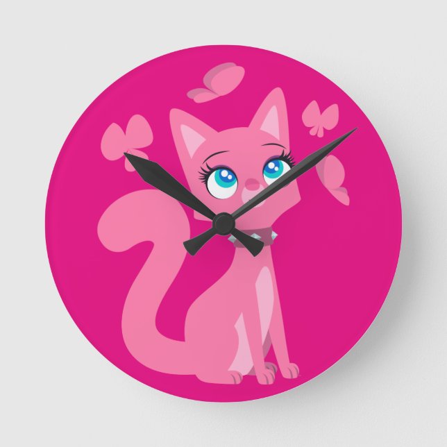 Cute Pink Cartoon Cat and Butterflies Round Clock (Front)