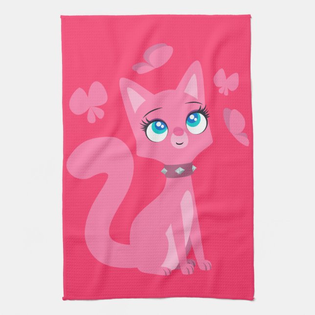 Cute Pink Cartoon Cat and Butterflies Tea Towel (Vertical)