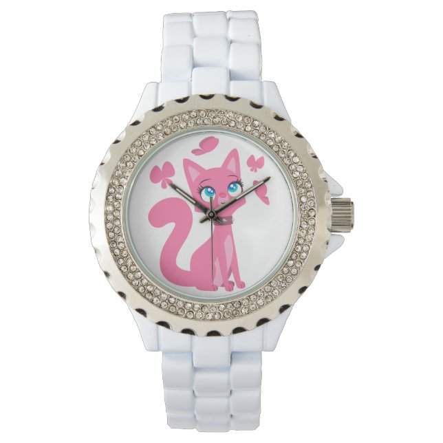 Cute Pink Cartoon Cat and Butterflies Watch (Front)