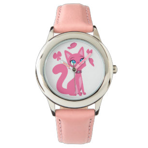 Cute Pink Cartoon Cat and Butterflies Watch