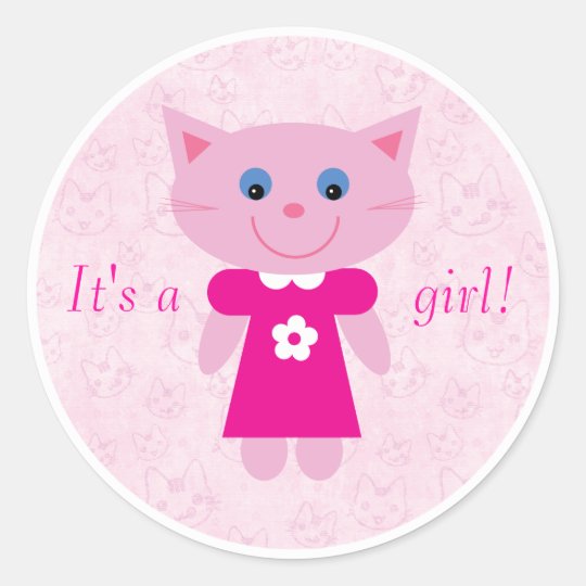 Cute Pink Cartoon Cat Its A Girl New Baby Classic Round Sticker