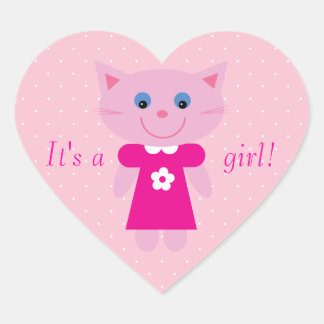 Cute Pink Cartoon Cat Its A Girl New Baby Heart Sticker