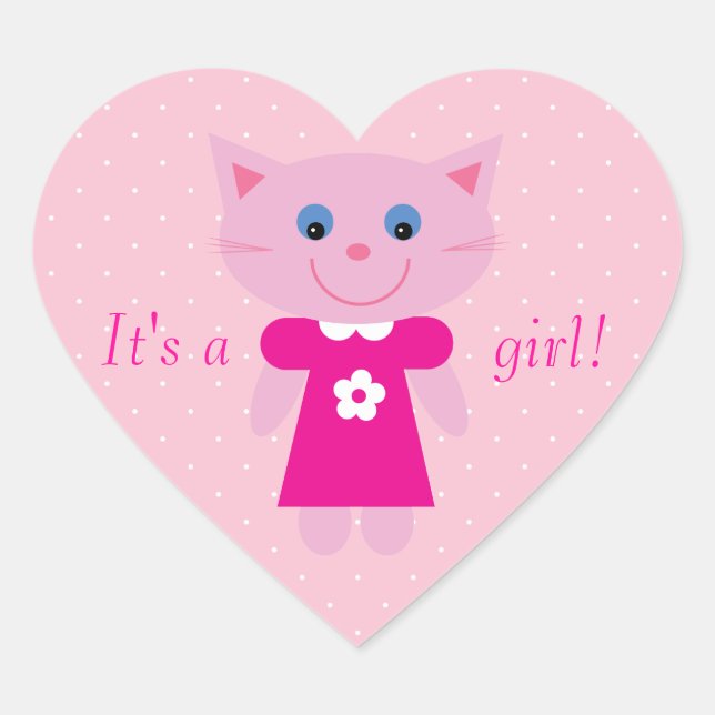Cute Pink Cartoon Cat Its A Girl New Baby Heart Sticker (Front)