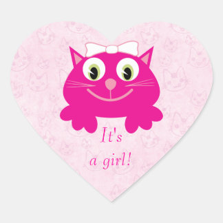 Cute Pink Cartoon Cat Its A Girl New Baby Heart Sticker