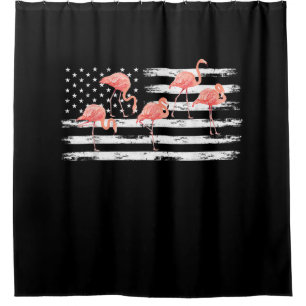 Cute Pink Cartoon Flamingo USA Flag 4th Of July Shower Curtain