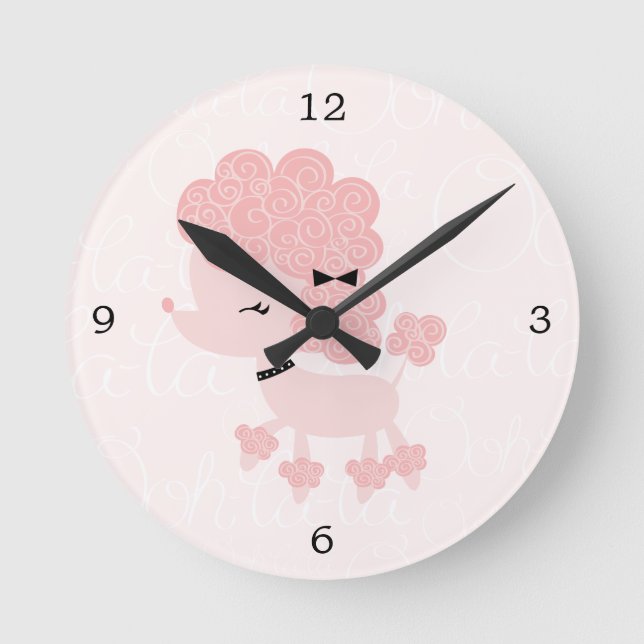 Cute Pink Cartoon French Poodle Round Clock (Front)