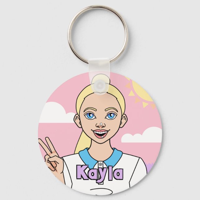 Cute Pink Cartoon Girl School Student Key Ring (Front)