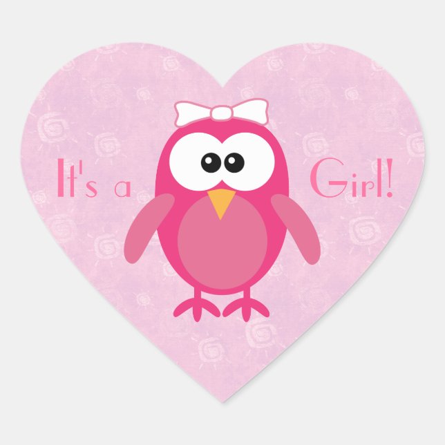 Cute Pink Cartoon Owl Its A Girl New Baby Heart Sticker (Front)
