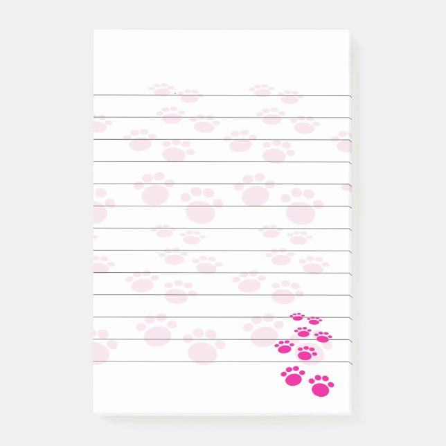 Cute Pink Cartoon Pet Paw Trail Lined Post-it Notes (Front)