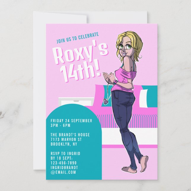 Cute Pink Cartoon Teen Girl 14th Birthday Invitation (Front)