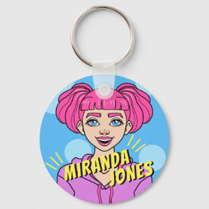 Cute Pink Cartoon Teen Girl Portrait Name Key Ring
