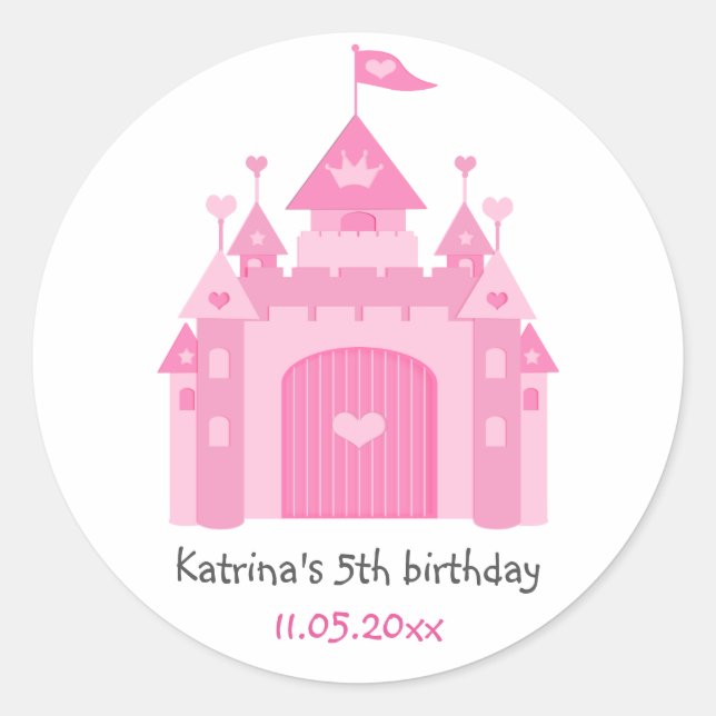 Cute Pink Castle Princess Birthday Party Classic Round Sticker (Front)
