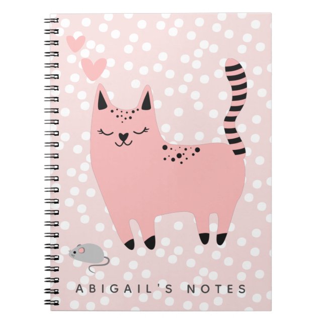 Cute Pink Cat and Polkadots - Kids Notebook (Front)