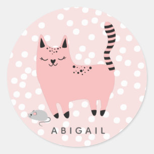 Cute Pink Cat and Polkadots - Personalised Girls Classic Round Sticker