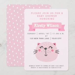 Cute Pink Cat   Baby Shower Invitation