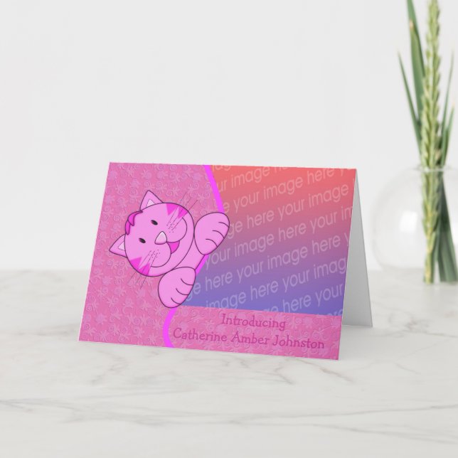 Cute Pink Cat Birth Announcement Photo (Front)