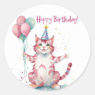 Cute Pink Cat Birthday Cake - Birthday Classic Round Sticker